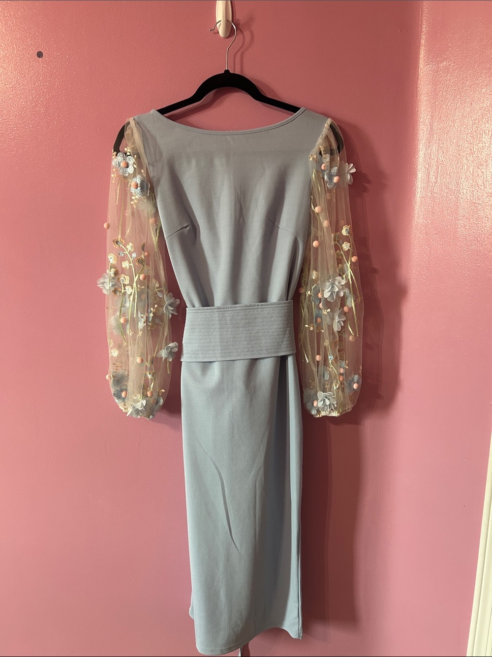 SHEIN Light Blue Midi Dress with Embroidered Tulle Balloon Sleeves